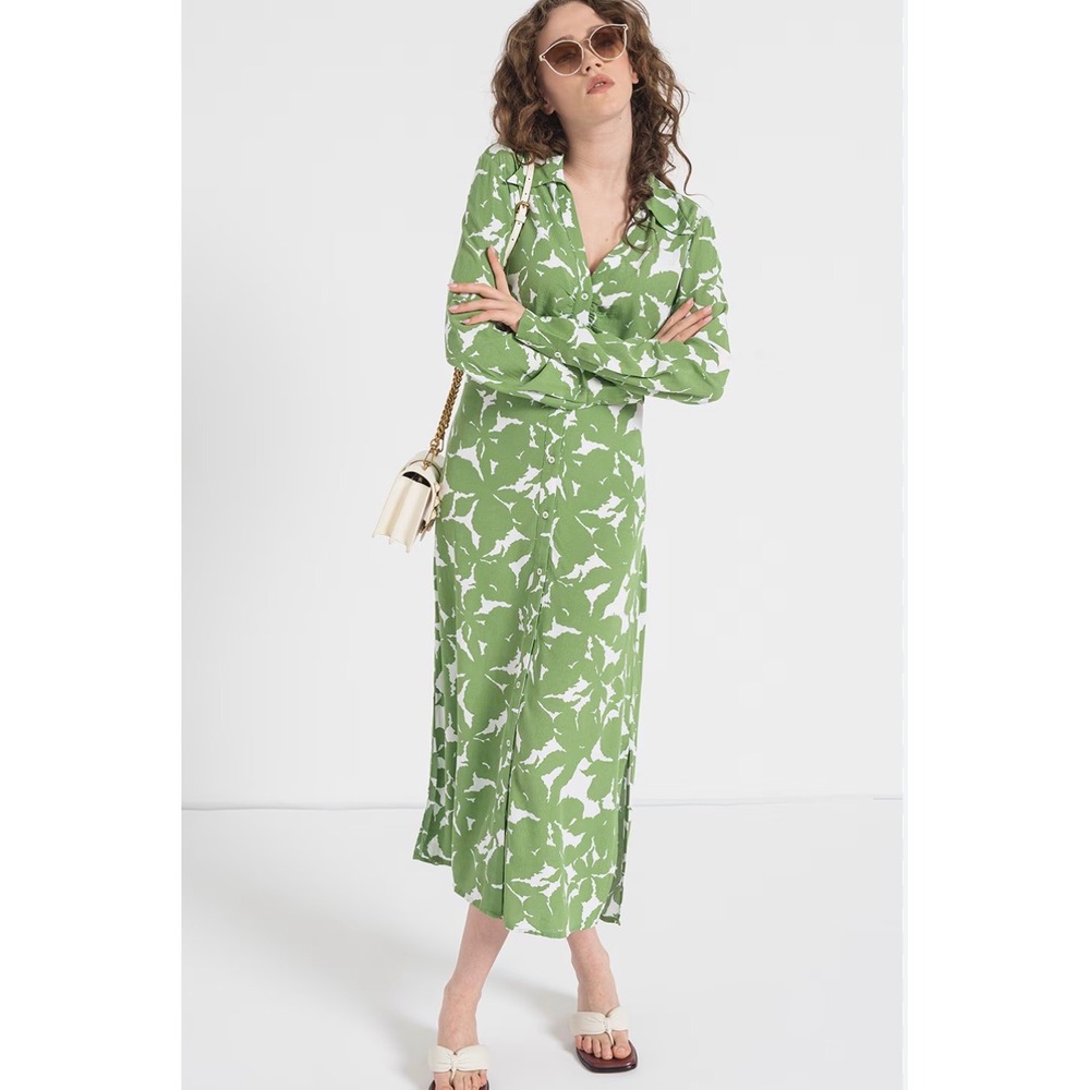 M13 United Colors of Benetton Green White Floral Leaf Print Midi Dress Belted